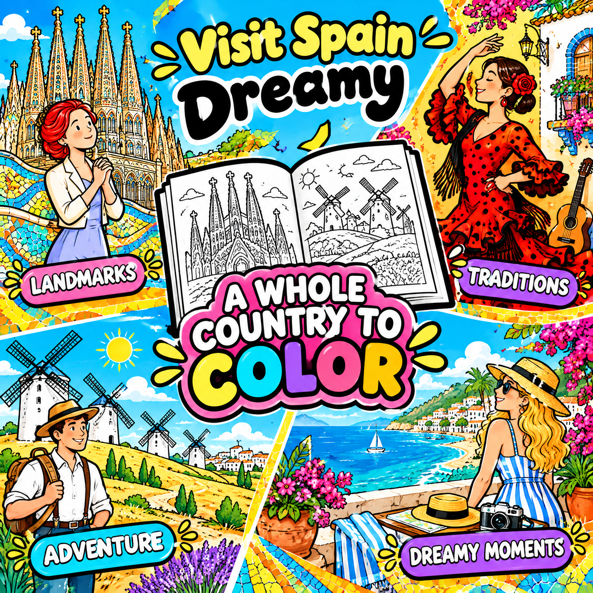 Visit Spain Dreamy – Colorful Spain Travel Coloring Book