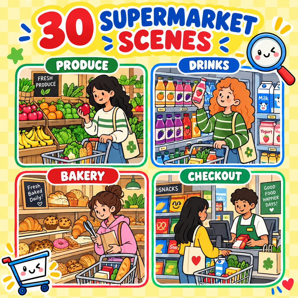 Find the 12 Differences Supermarket Fun – 30 Puzzles for Kids