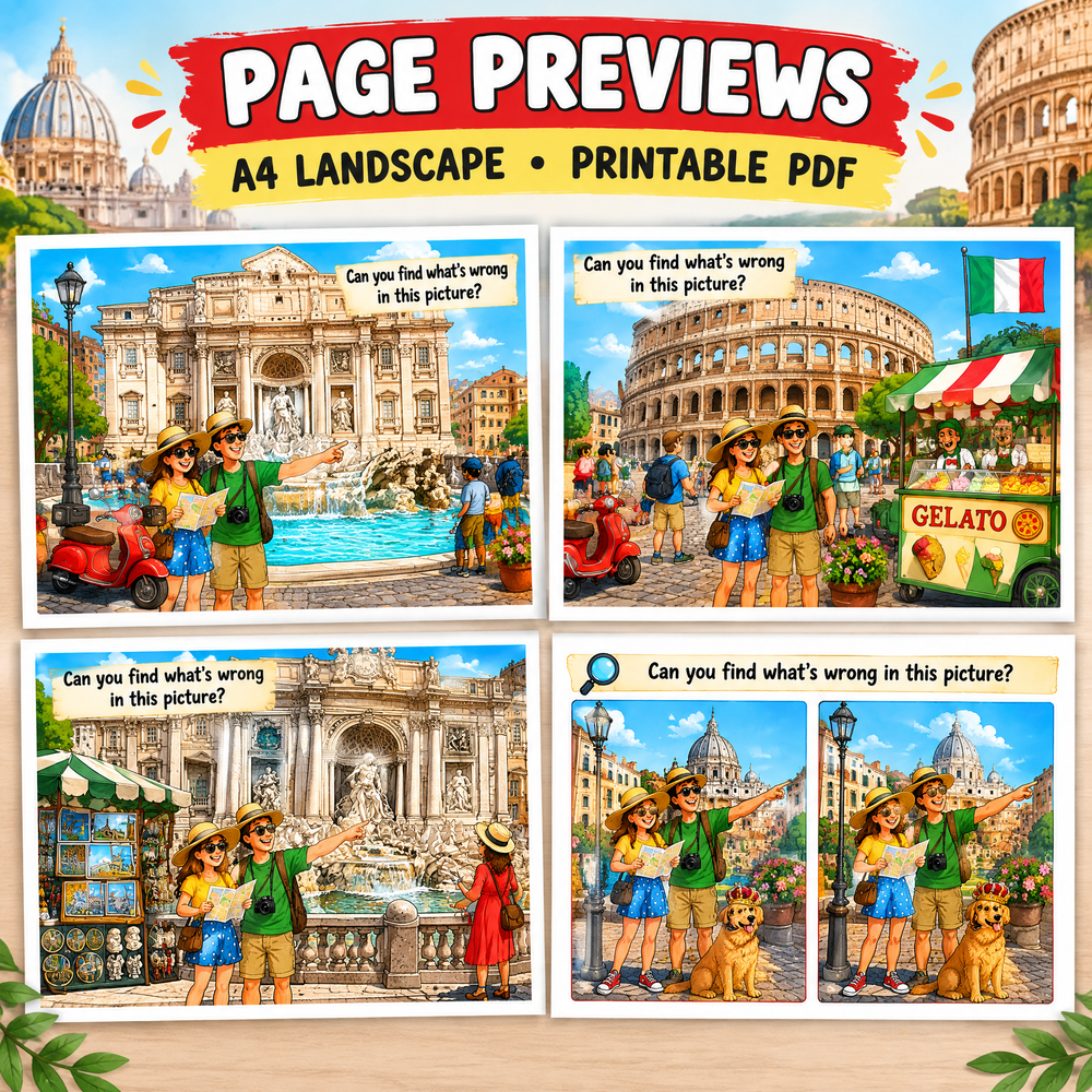 Explore Rome while searching for hidden anomalies - Printable PDF Activity Book