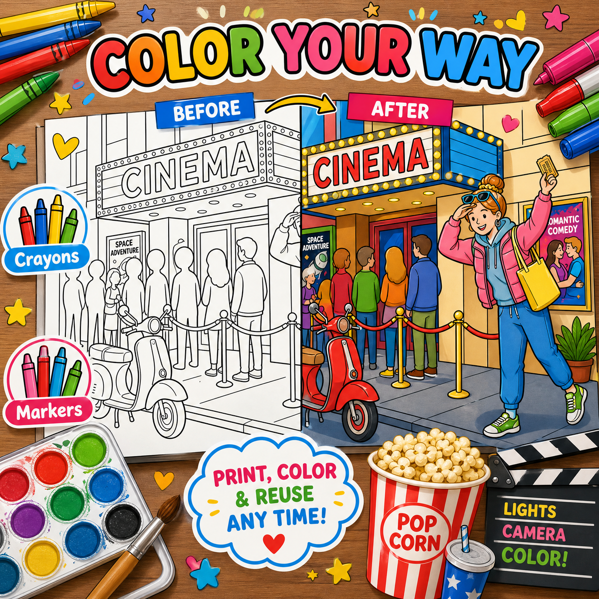 Dreamy Cat at Cinema: 50+ Cute Cinema Coloring Book for Kids