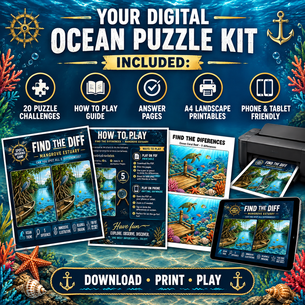 Find the Differences: Ocean Adventures – 20 Pages Printable PDF Activity Book