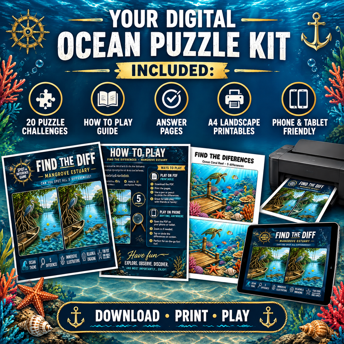 Find the Differences: Ocean Adventures – 20 Pages Printable PDF Activity Book