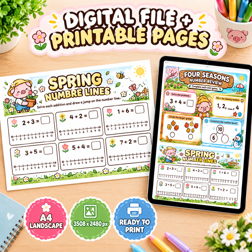 Four Seasons Number Games for Kids – 30 Printable Math Worksheets PDF – A4 Landscape Educational Activity Book