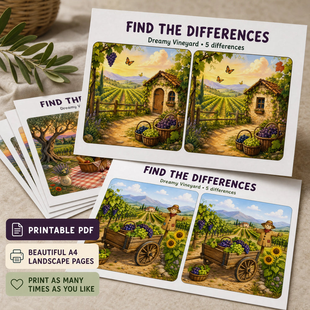 Find the Differences: Dreamy Vineyard – Printable PDF Puzzle Book for Kids &amp; Families