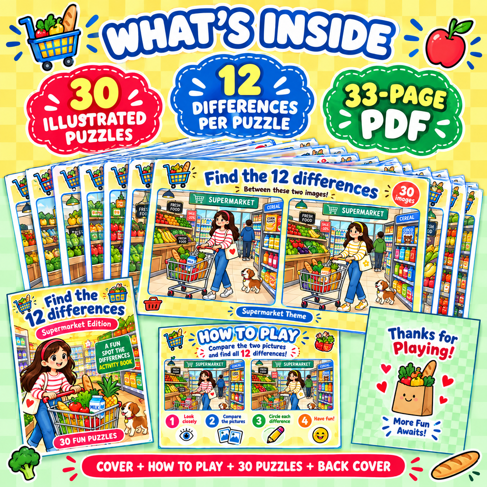 Find the 12 Differences Supermarket Fun – 30 Puzzles for Kids