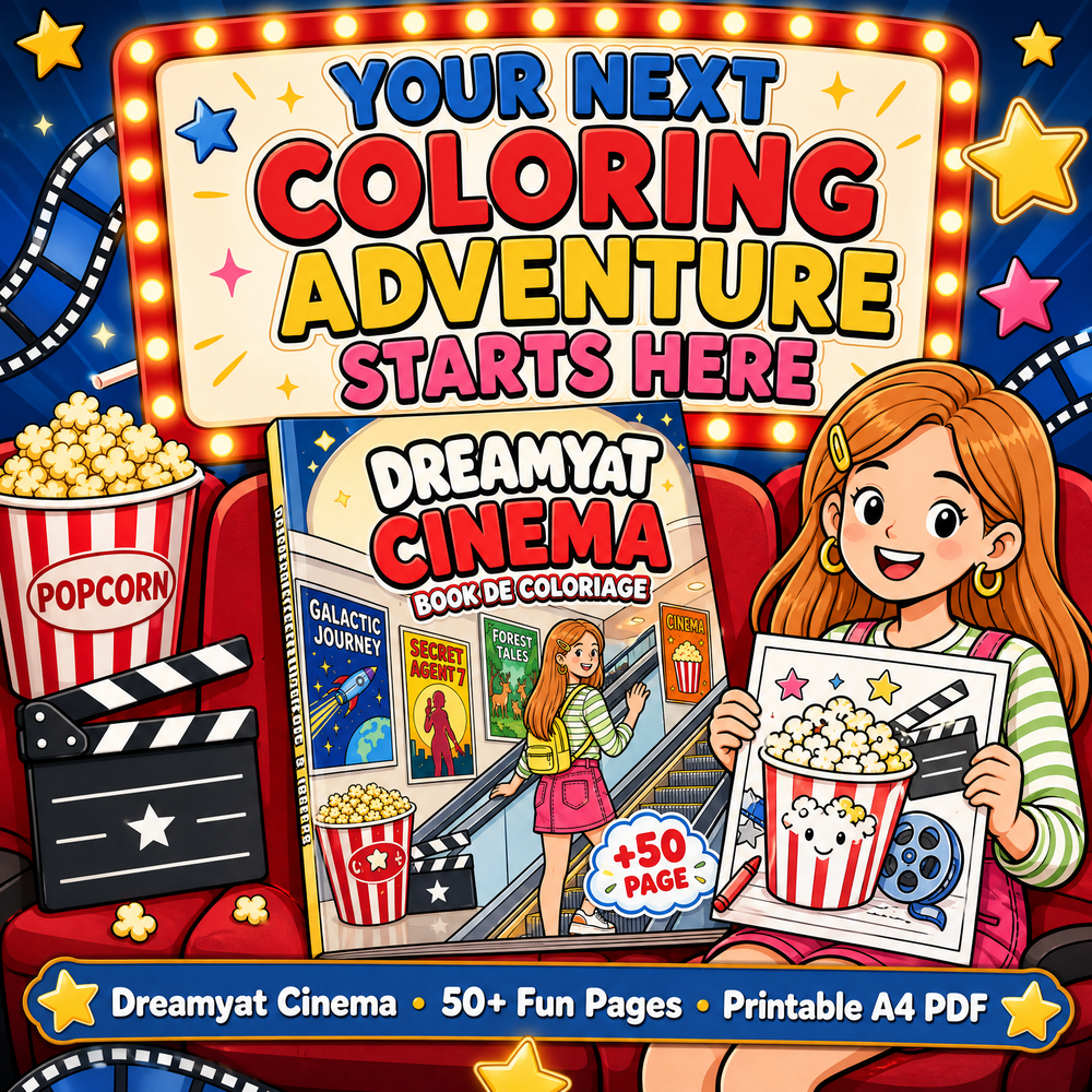 Dreamy Cat at Cinema: 50+ Cute Cinema Coloring Book for Kids