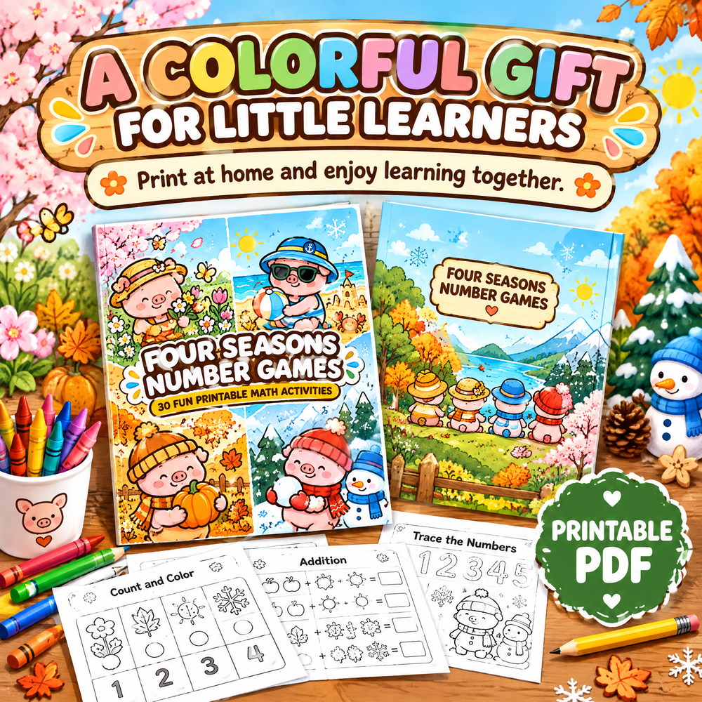 Four Seasons Number Games for Kids – 30 Printable Math Worksheets PDF – A4 Landscape Educational Activity Book