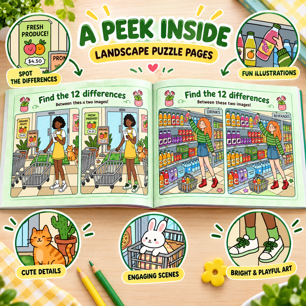 Find the 12 Differences Supermarket Fun – 30 Puzzles for Kids