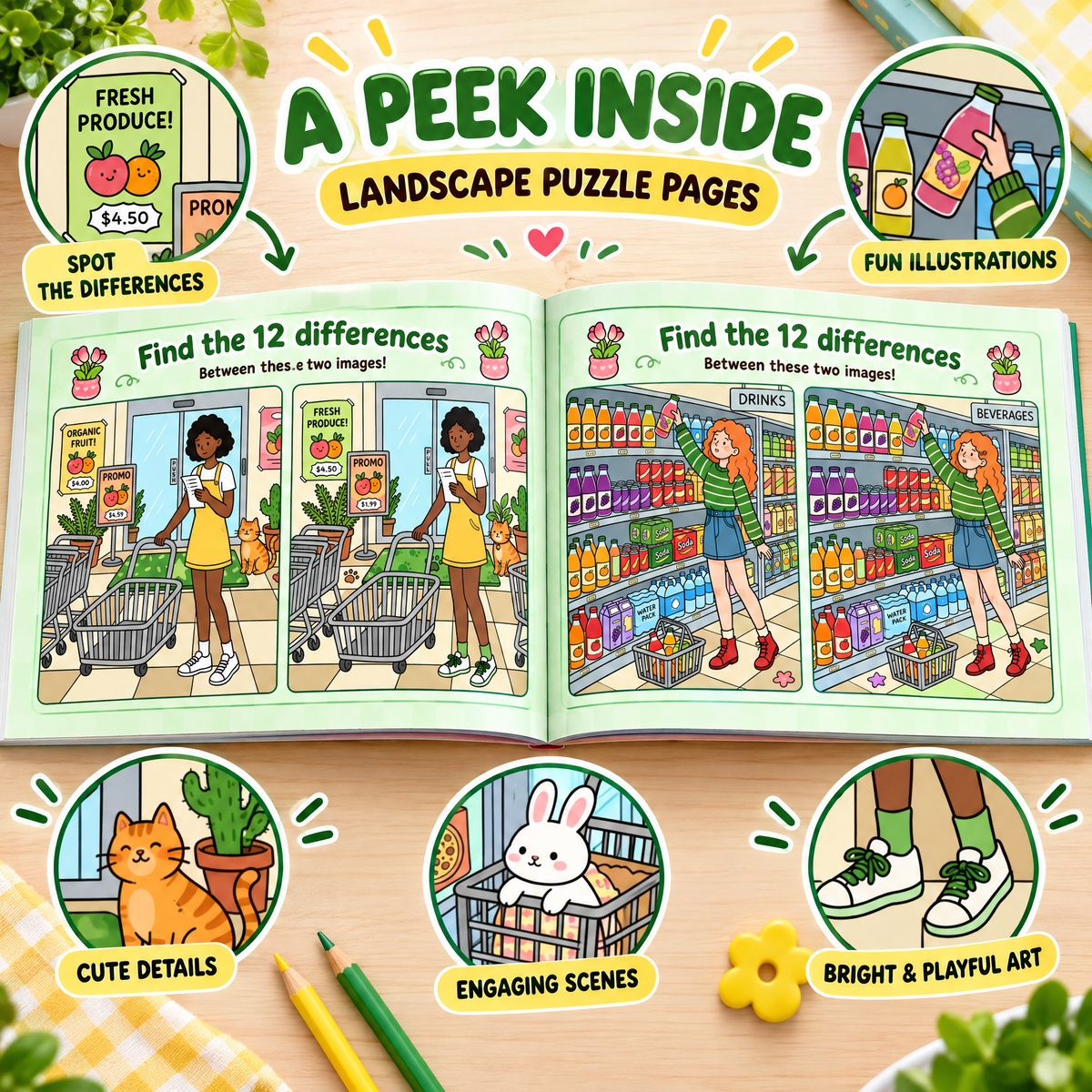 Find the 12 Differences Supermarket Fun – 30 Puzzles for Kids