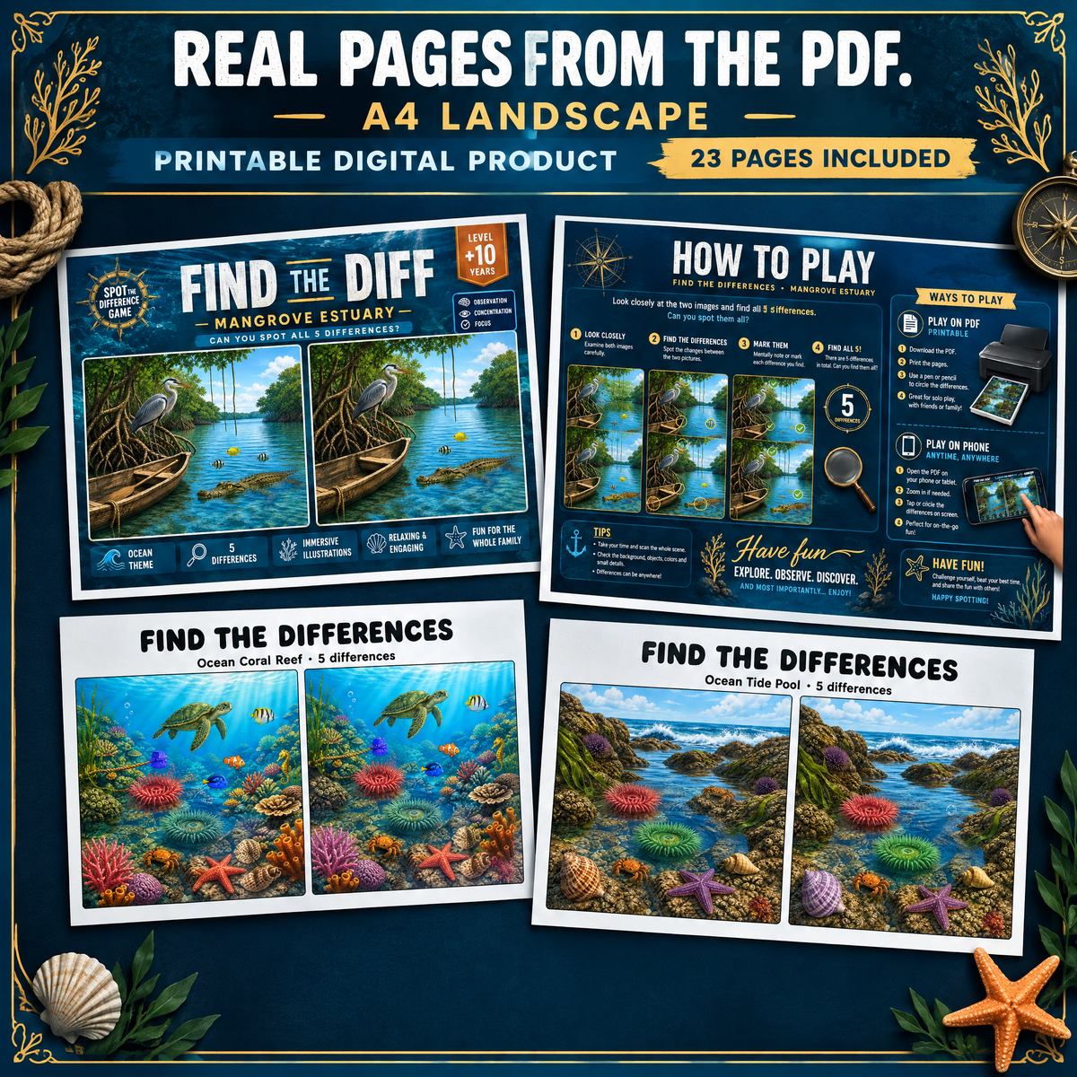 Find the Differences: Ocean Adventures – 20 Pages Printable PDF Activity Book