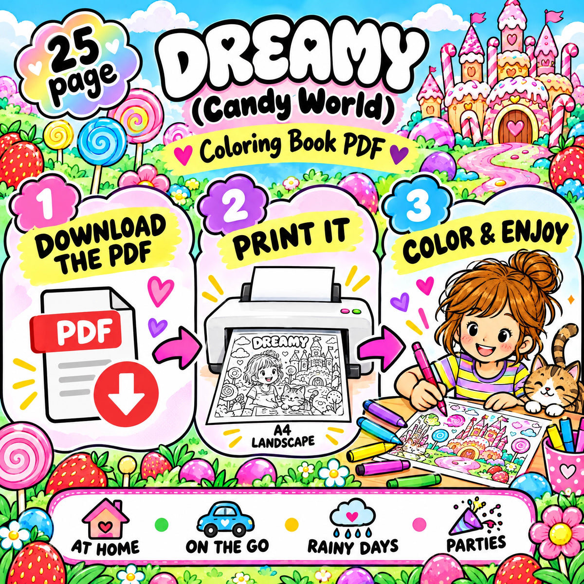 Dreamy Candy World Coloring Book – A4 Printable