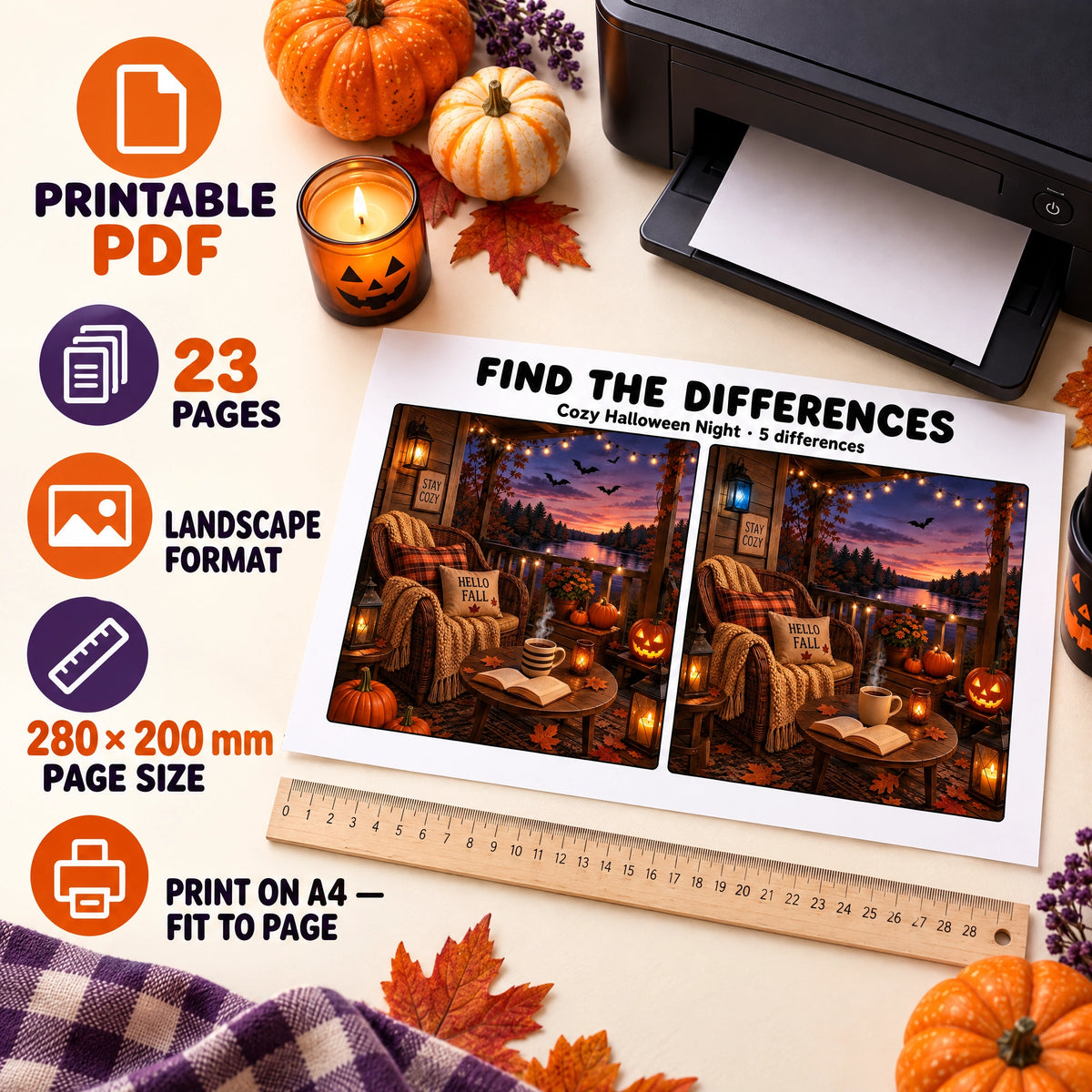 Cozy Halloween Find the Differences – A4 Printable Puzzle Book