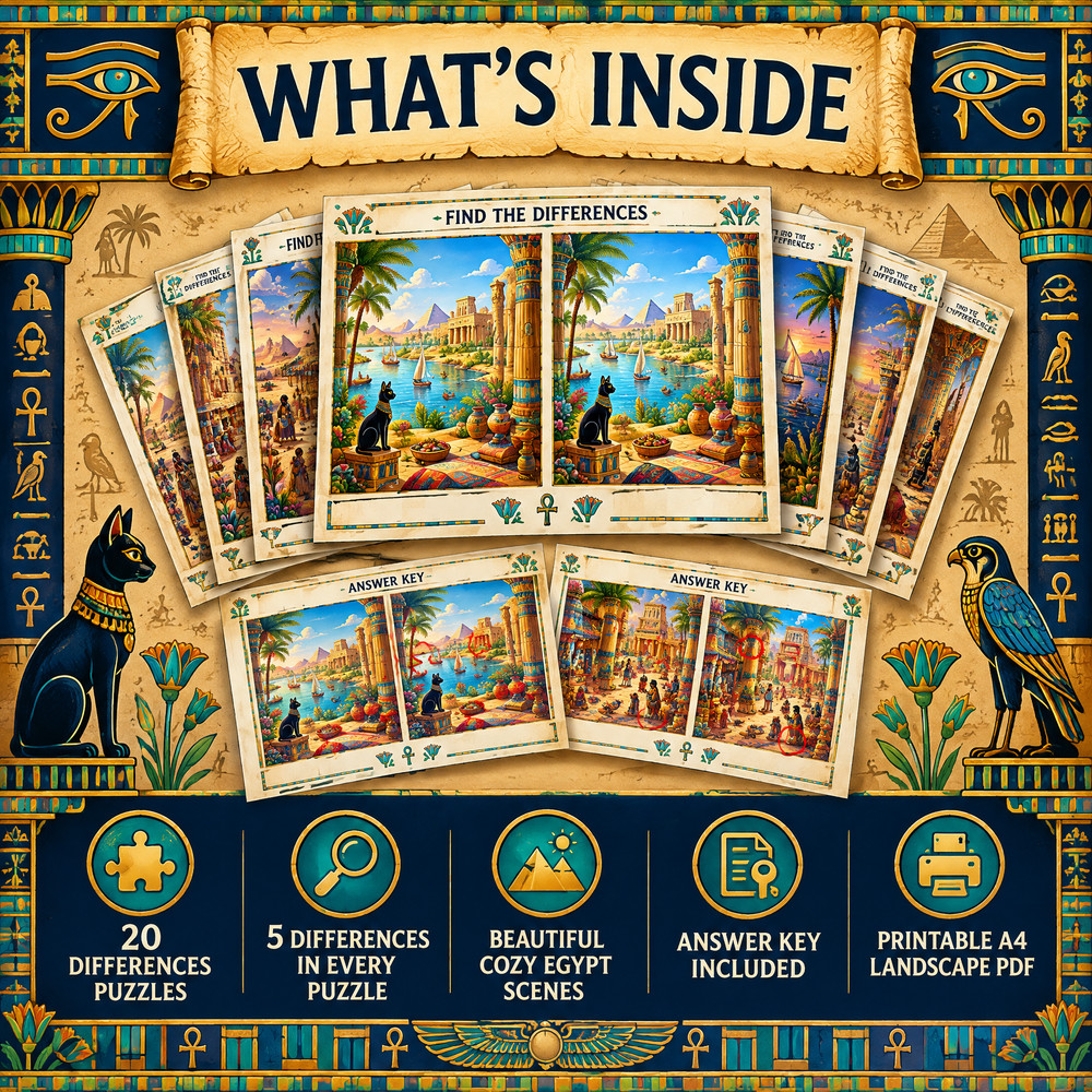 Cozy Egypt: Find the Differences Printable Puzzle Book
