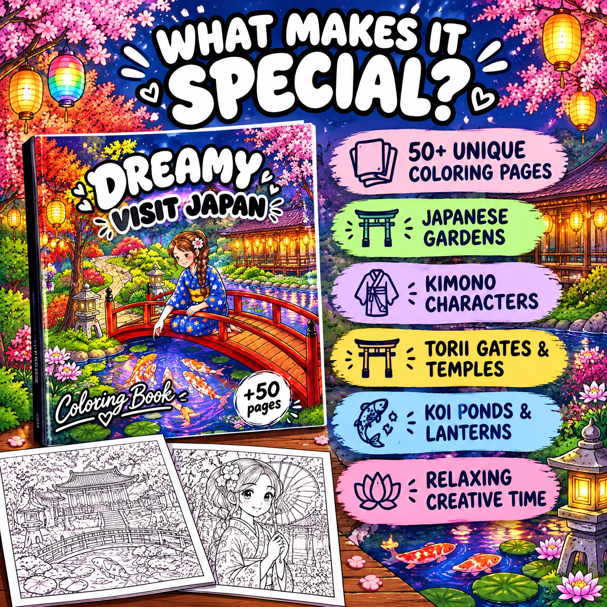 Dreamy Japan: A Magical Japanese Garden Coloring Book – 50+ Pages