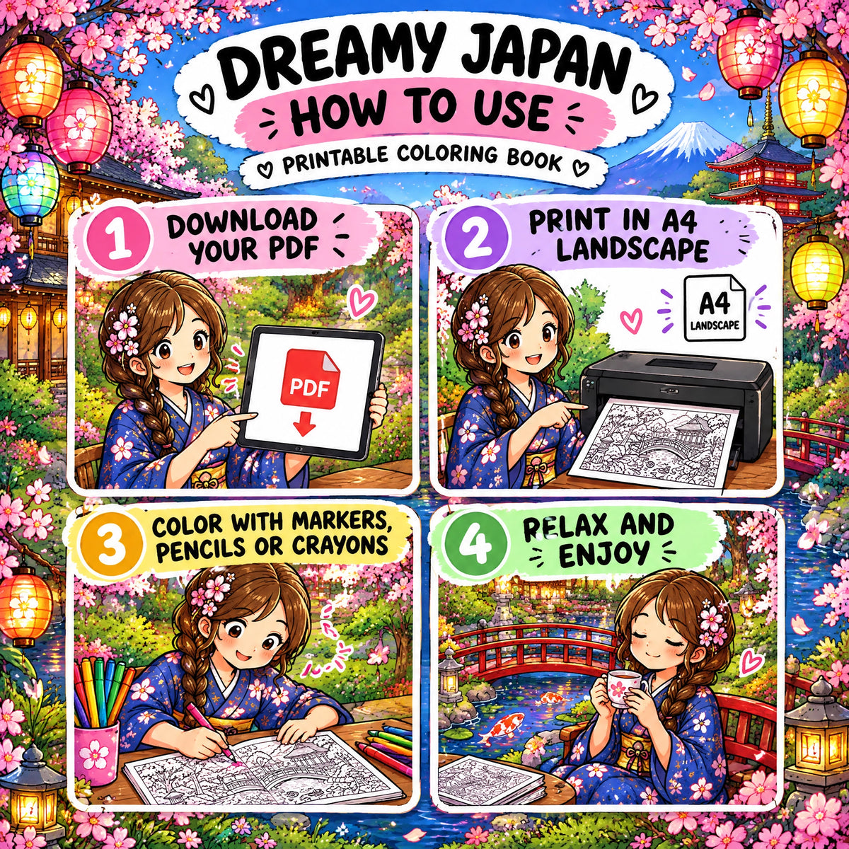 Dreamy Japan: A Magical Japanese Garden Coloring Book – 50+ Pages