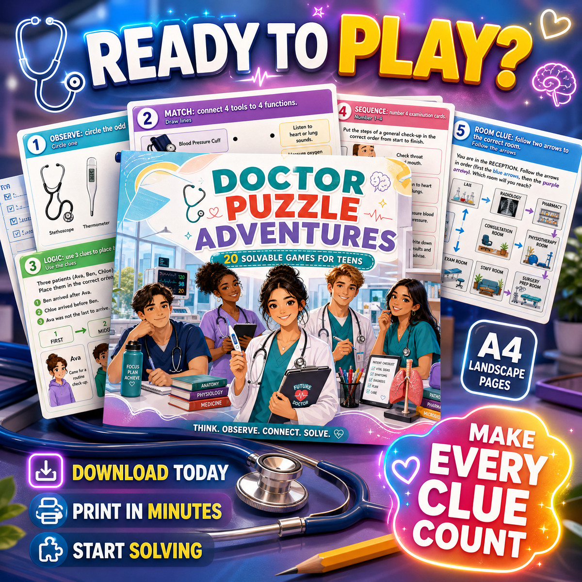 Doctor Puzzle Adventures: 20 Printable Logic Games for Teens